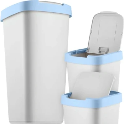 Image de KADAX Poubelle de 25 litres, avec couvercle basculant, pour tri sélectif, en plastique, robuste, gris/bleu