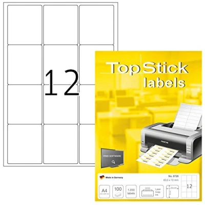 Image de TopStick Pochette de 1200 étiquettes autocollantes multi usages (63,5 x 72 mm) Personnalisables et imprimables, Impression laser / jet d&#039;encre, (8726)