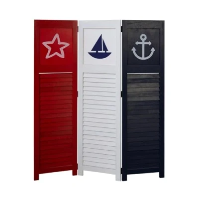 Image de Décoshop26 Paravent 3 Panneaux thème Marin Rouge Blanc et Bleu 130x105 cm PAR06075