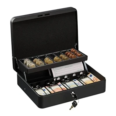 Image de Relaxdays Caisse à monnaie, verrouillable, monnayeur &amp; 4 compartiments billets, fer, H x L P 8,5 30,5 24,5 cm, noir 10030697_46 1 élément