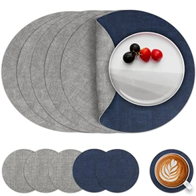 Image de Myir JUN Set de Table en Cuir et Dessous Verre Lot 6, Sets Rond Antidérapant Double Face Plastique Lavable Résiste à la Chaleur (Gris Bleu, di 6)