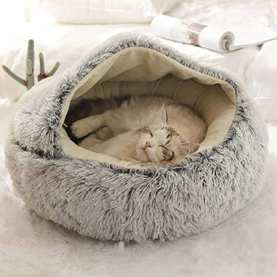 Image de Fashionapple Lit Rond Moelleux pour Chat en Peluche Douce avec Capuche l&#039;hiver Antidérapant Lavable Machin,Gris,60 cm
