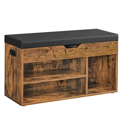 Image de VASAGLE Banc à Chaussures Rembourré, de Rangement, 3 Compartiments, Rangement Caché, Étagères, pour Salon, Entrée, Chambre, Capacité Charge 150 kg, Marron Rustique LHS30BX