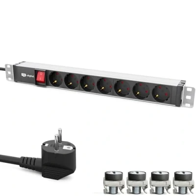Image de HB DIGITAL Multiprise 19 Pouces 7 Prises pour Armoire de Serveur 1U Profilé en Aluminium 230 VAC / 16 A armoires réseau, Racks avec Fixation Distribution d&#039;énergie COM