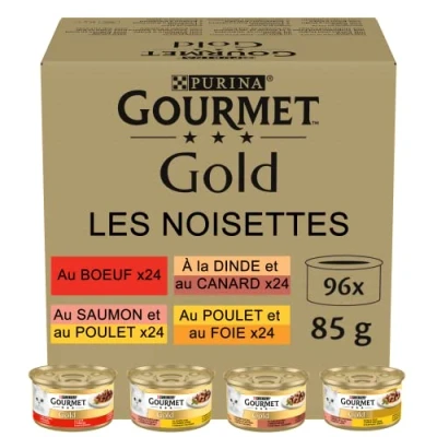 Image de GOURMET Gold Les Noisettes : Bœuf, Poulet Foie, Dinde Canard, Saumon Pack 96x85g