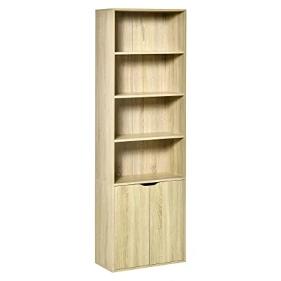 Image de HOMCOM Bibliothèque Meuble de Rangement étagere à Livres avec 4 Compartiments Ouverts et 2 Portes, étagère pour Salon, Chambre, Bureau, 59 x 29 180 cm, Bois Naturel