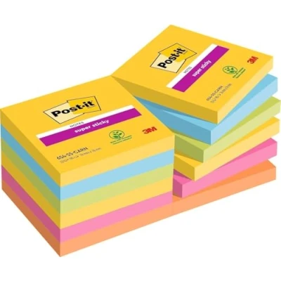Image de Post it Super Sticky Notes, Couleurs Carnival, Pack de 12 Blocs, 90 Feuilles par Bloc, 76 mm x mm, Jaune, Bleu, Vert, Rose, Orange Notes Adhésives pour Prise et Listes Tâches