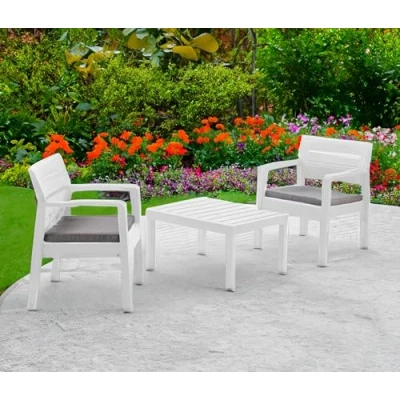 Image de Dmora Salon intérieur et extérieur composé de 2 fauteuils 1 table basse avec coussins, Made in Italy, coloris blanc