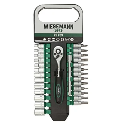 Image de Lot douilles et cliquet 28 pièces avec support WIESEMANN 80102 acier au chrome vanadium 1/4&quot; rallonge 100 mm 8 à 32 6 pans bit
