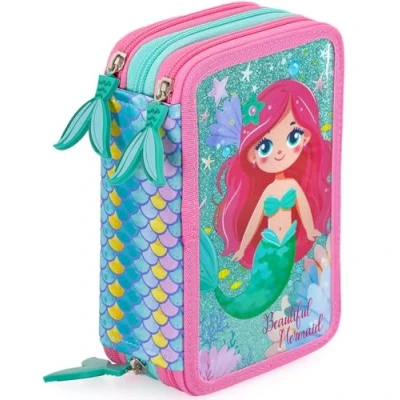 Image de Trousse Scolaire Complète 45 Pièces Kit Créatif Triple Compartiment avec Stylos Gel Effaçables, Crayons 4.0 mm, Feutres Idée Cadeau Fille Julian Ross Motif sirène pailleté