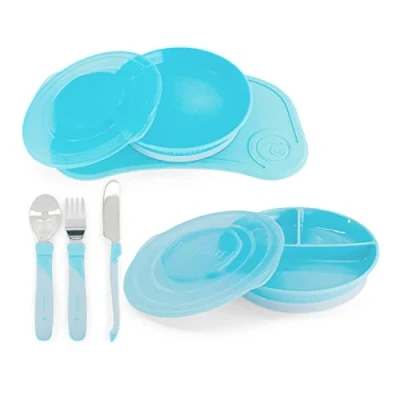 Image de Twistshake Ensemble de Vaisselle pour Bébé 6 Pièces 1x Set Table en Silicone Assiette Enfant Divisée 3x Couverts d&#039;Apprentissage Acier Inoxydable 6+ mois Bleu
