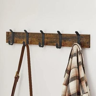 Image de ACAZA Porte Manteaux mural en bois avec 5 crochets Patère rustique murale compact Style industriel Vintage Marron/Noir