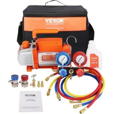 Image de VEVOR Pompe à Vide Climatisation 4 CFM 113 L/Min Frigoriste HVAC 180 W Kit Jauges Tuyau Caoutchouc Tricolore 1440 TR/Min Sac de Transport pour R134a Climatiseur Automobile Réfrigérateur