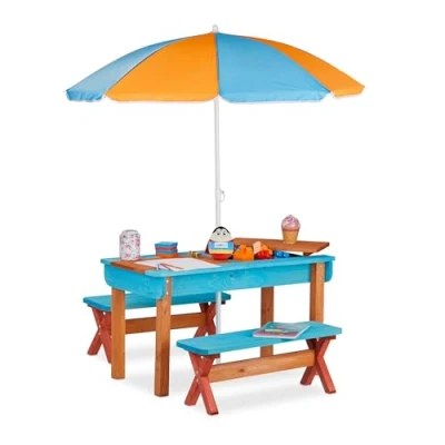 Image de relaxdays Ensemble Chaise Jeux Enfant Jardin, en Bois, Table, 2 bancs et Parasol, Meuble extérieur, coloré, Multicolore 10026032