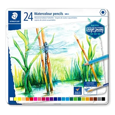 Image de Staedtler Crayons de couleur aquarellables haute qualité pour artistes, Utilisables à sec ou l&#039;eau, Mine douce et tendre 3 mm, Boîte en métal avec 24 couleurs différentes assorties, 14610C C24