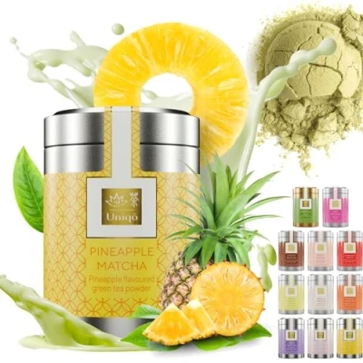 Image de Tea Uniqo Matcha Latte en Poudre d&#039;ananas Idéal pour le thé aux bulles, les milkshakes ou pur de Macha japonais au goût ananas Sans colorants artificiels dans une boîte élégante
