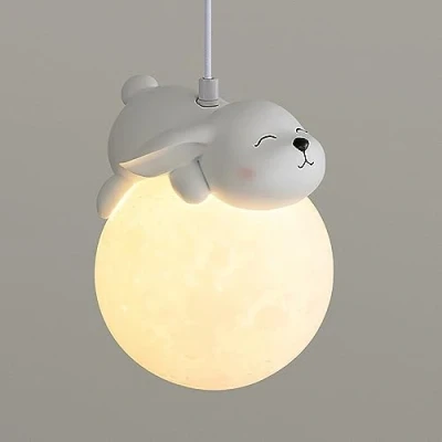 Image de LEOSHI Lampe suspendue en forme de lune 3D pour chambre d&#039;enfant, à intensité variable, d&#039;animal, dessin animé, planète, résine, petite boule lait blanche mignonne, lustre