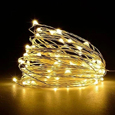 Image de Jsdoin Guirlande lumineuse à 50 LED et piles en fil de cuivre pour éclairage intérieur extérieur, chambre, décoration mariage, fête, Noël, d&#039;arbre (Blanc chaud, 1pièce 5M50Leds)