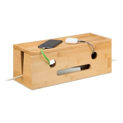 Image de Relaxdays Boîte Cache câbles, en Bambou, pour 2 multiprises, H x L P : 15,5 42 16 cm, Nature