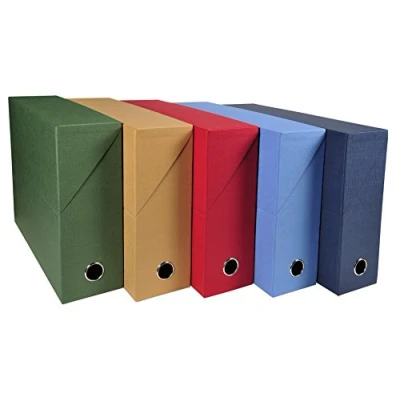 Image de Exacompta Réf. 89520E Carton de 5 boîtes transfert en papier toilé Dos 90 mm avec un œillet métal pour format A4 dimensions 25,5 x 34 9 cm couleurs assorties livrées montées