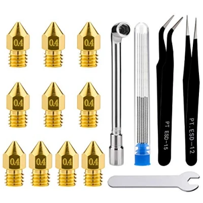 Image de LUTER Kit De Nettoyage Buse d&#039;Imprimante 3d, 10pcs 0.4mm Buses 3d d&#039;Extrudeuse Pour Mk8 + 5pcs Aiguilles En Acier Inoxydable Brucelles 2pcs Clés