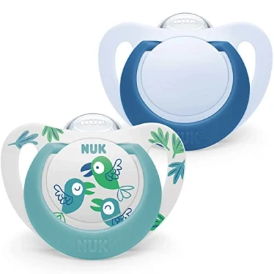 Image de NUK Star Baby Lot de 2 tétines en silicone sans BPA 18 à 36 mois Apaise 99% des bébés Motif oiseaux bleus