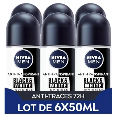 Image de NIVEA MEN déodorant Bille Black &amp; White Invisible (6 x 50ml), homme anti traces blanches et jaunes, transpirant odeur humidité, protection efficace 72 h, sans alcool