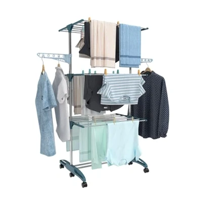 Image de Hyfive Séchoir à linge d&#039;intérieur 4 niveaux pliable pour économiser de l&#039;espace avec étagère chaussures en acier inoxydable facile ranger (bleu)