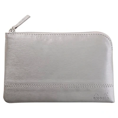 Image de RHODIA 116521C Pochette Zippée en Simili Cuir Argent Taille S (11 x 17 cm) Coutures Véritables Intérieur Tissu Orange Rangement Documents, Petites Fournitures