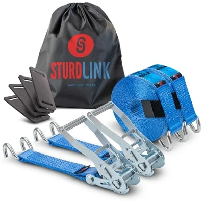 Image de Sturdlink Sangles d&#039;Arrimage Poids Lourd 50mm 9M avec Crochets LC 5000kg en U, STF 350daN Lot x2 + 4 Protections Sac à Cliquet pour Camion Transporteur Remorque EN12195 2