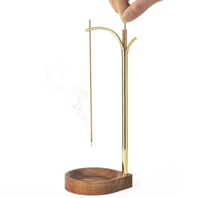 Image de Porte encens en bois pour bâton, brûleur d&#039;encens inversé unique, minimaliste, méditation, décoration de bureau à domicile