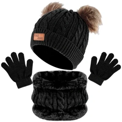 Image de Chstarina Ensemble Bonnet Écharpe Gant, Echarpe Enfant, Tricotés Tour de Cou Enfant avec Doublure Polaire,Bonnet Chauds Gant Ensemble,Hiver Accessoires pour Garçon,Fille (Noir)