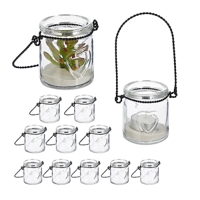 Image de Relaxdays Photophores, Lot de 12, Verres avec Anse, intérieur &amp; extérieur, H x D : 7 6 cm, Transparent Noir