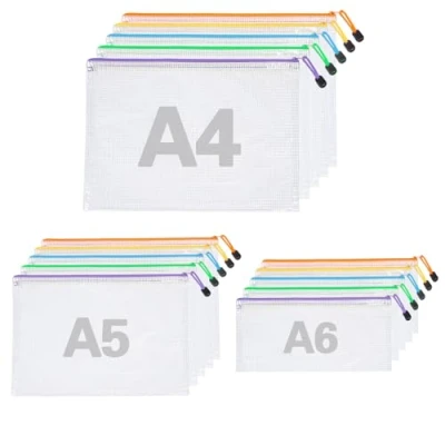Image de 15 Pochettes de Documents A4 A5 A6 5 Couleurs, Pochette étanche, Transparente à Fermeture éclair pour fichier, cosmétique, Fournitures Bureau, Facture, école &amp; Voyage