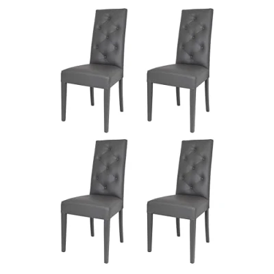 Image de Tommychairs Set 4 chaises CHANTAL pour cuisine et salle à manger, structure en bois de hêtre peindré gris foncé, assise dossier rembourrés revêtus cuir artificiel foncé avec boutons