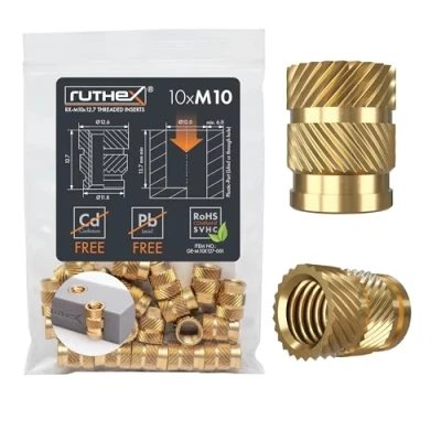 Image de ruthex Insert fileté M10 Lot de 10 douilles filetées RX x 12,7 en laiton Écrou d&#039;insertion stable Utilisable par chaleur dans les pièces d&#039;impression 3D plastique