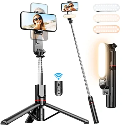 Image de Perche à Selfie avec Lumière, 111cm Trépied Amélioré, pour Téléphone Télécommande Détachable 360 Rotation iPhone et Android des Smartphones