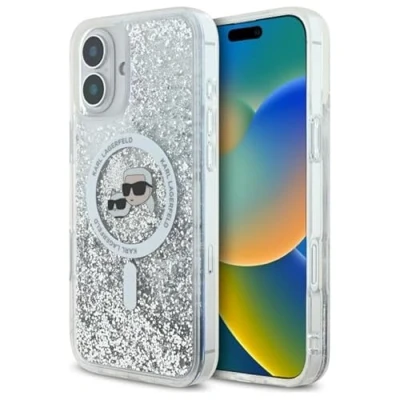 Image de Étui Karl Lagerfeld pour iPhone 16 Plus 6.7 étui rigide transparent Liquid Glitter Karl&amp;Choupette Head Magsafe Neuf