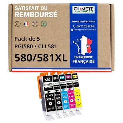 Image de COMETE, Marque française 580XL 581XL 5 Cartouches d&#039;encre Compatibles avec Canon PGI 580 CLI 581 pour Pixma TS8250 TR8550 TS8150 TS8151 TS9150 (2 Noir et 3 Couleur)