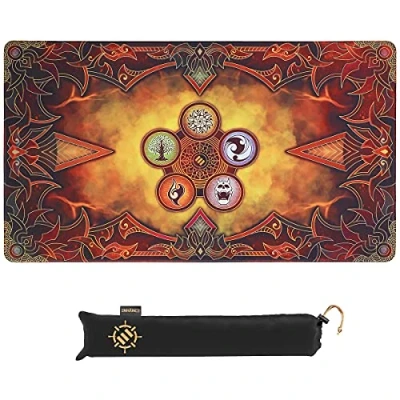 Image de ENHANCE TCG Playmat Tapis De Jeu Table avec Bords Cousus, Surface Lisse Et Pochette Voyage À Cordon Compatible MTG, Yugioh, Pokemon, Lord of The Rings Autres LCG Flammes