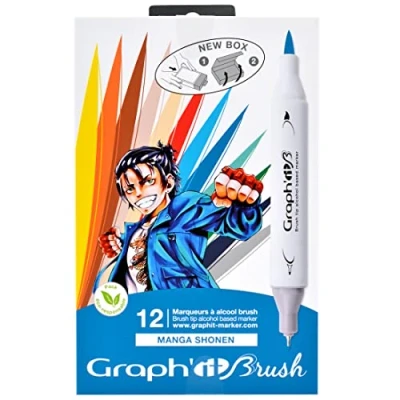 Image de GRAPH’IT Brush Marker Set de 12 marqueurs à alcool double pointe pour dessin Manga et illustration, extra fine pinceau Shonen
