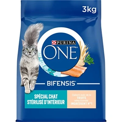 Image de PURINA ONE Bifensis Spécial Chat Stérilisé d&#039;Intérieur Croquettes à la Truite et aux Céréales Complètes pour Chats Adultes Sac de 3 kg