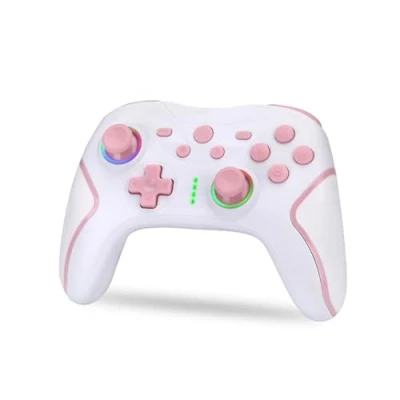 Image de NK Manette Switch sans fil Switch/OLED/Lite/Pro avec fonction Wake, réglages macro, Bluetooth, 6 axes, turbo, double choc, vibration, LED indicateurs Blanc et rose