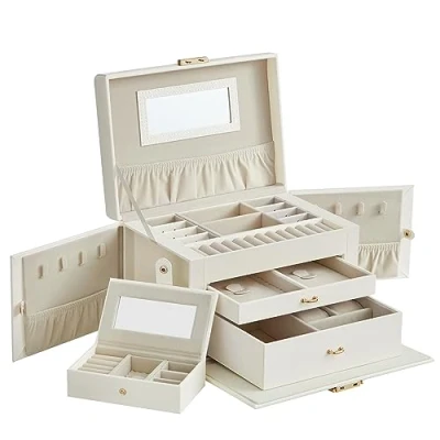 Image de SONGMICS JBC121W02 Boîte à bijoux portable 3 niveaux avec poignée verrouillable Idée cadeau de Noël Blanc crème