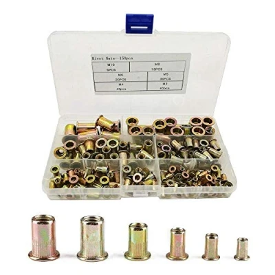 Image de Lot de 150 écrous à rivets filetés en acier au carbone Assortiment capuchons M3 M4 M5 M6 M8 M10 Écrous tête plate plaqués zinc