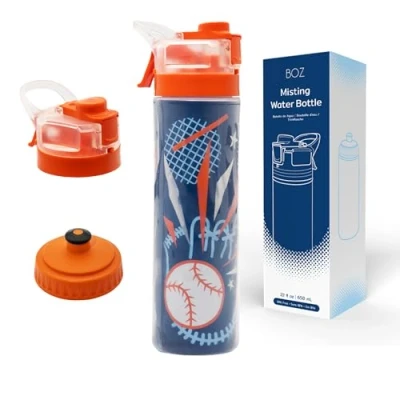 Image de BOZ Elite Bouteille d&#039;Eau Isotherme, Gourde Sport Motivation Baseball (650 ml) Deux verseurs avec Fonction de pulvérisation rafraîchissante, Durable, Anti fuite, Sans BPA (Gourde Baseball)