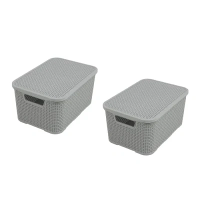 Image de BranQ Home essential Lot de 2 corbeilles avec couvercle aspect rotin Taille l 19 Plastique PP sans BPA Gris clair