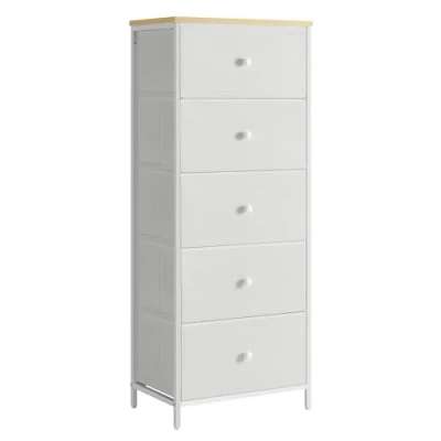 Image de SONGMICS Commode, Meuble de Rangement pour Chambre, Colonne en Tissu avec 5 Tiroirs, Cadre Métal, Blanc et Couleur Boisée LTS315W01