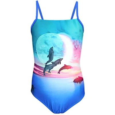 Image de Aquarti Maillot de Bain Natation Une Pièce pour Fille Bandes, Dauphins Lune Rose/Bleu, 146