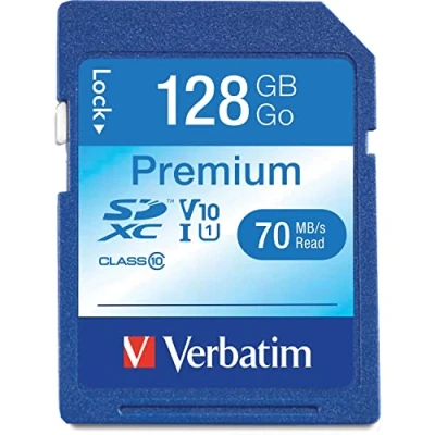 Image de Verbatim carte mémoire SDXC U1 Premium 128 Go SD pour l&#039;enregistrement de vidéos en Full HD avec protection d&#039;écriture intégrée noire appareil photo, PC &amp; autres